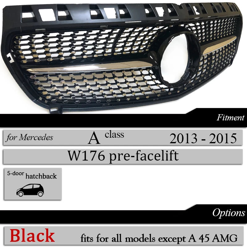 W176 Front Bumper Racing Grille Diamond for Mercedes Benz A Class Pre-facelift W176 2013 - 2015 A180 A200 A220 A250 Car Grills