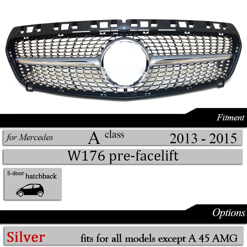 W176 Front Bumper Racing Grille Diamond for Mercedes Benz A Class Pre-facelift W176 2013 - 2015 A180 A200 A220 A250 Car Grills