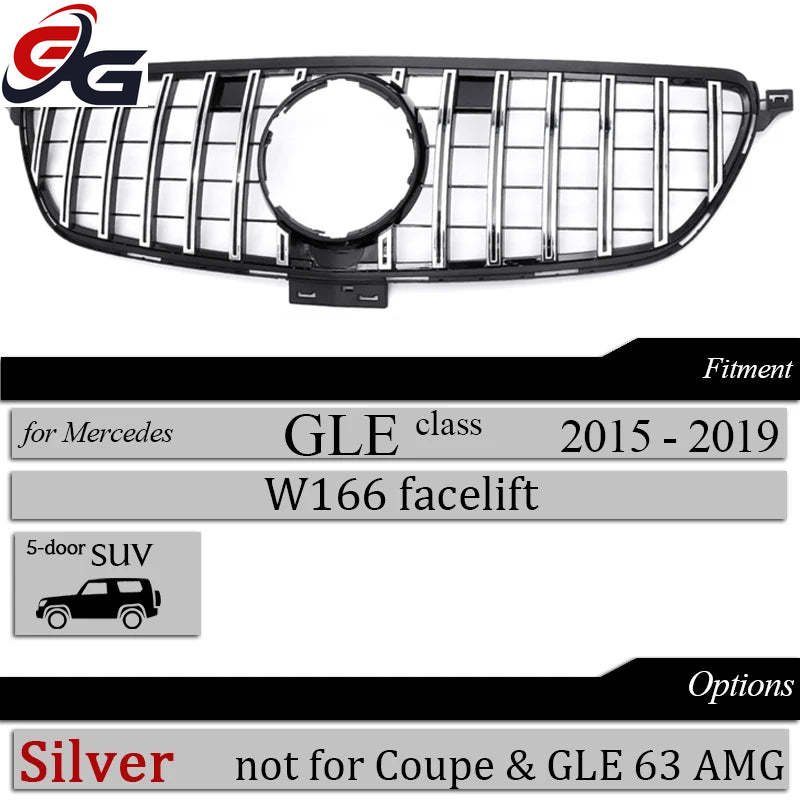 Front Bumper GT Grille Black Silver Grill Replacement for Mercedes GLE Class 2015 - 2018 SUV W166 GLE 350 GLE 400 GLE 43 Grills