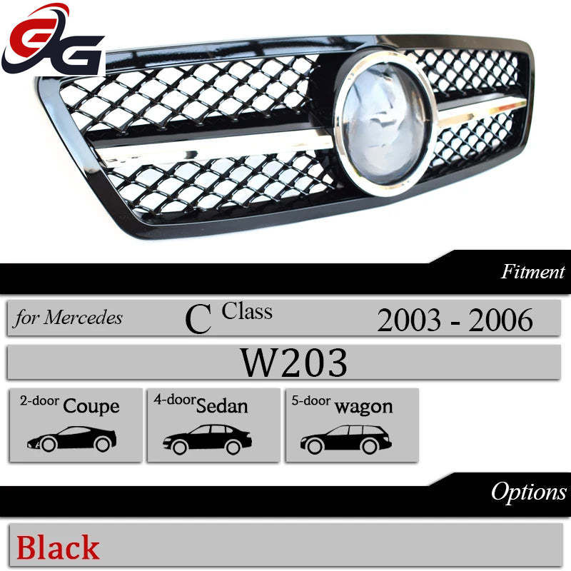 Car Grille Black GT Front Bumper Grill for 2000-2006 Mercedes C Class Saloon W203 Tourer S203 C180 C200 C230 C240 C280 C320 C350