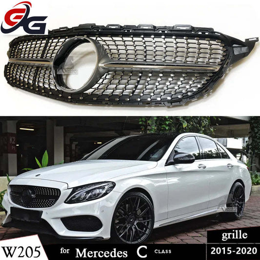 Front Bumper Grill Diamond for Mercedes C Class W205 S205 A205 C205 2015-2020 C200 C250 C300 C350 C400 C450 C43 AMG Black Silver