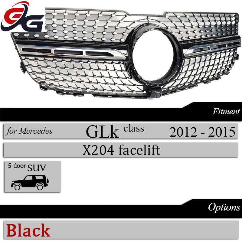 X204 GT Grilles Front Bumper Grill Mesh for Mercedes GLK Class 2012 - 2015 Diamond Black Silver Car Replacement Hood Mesh Grid