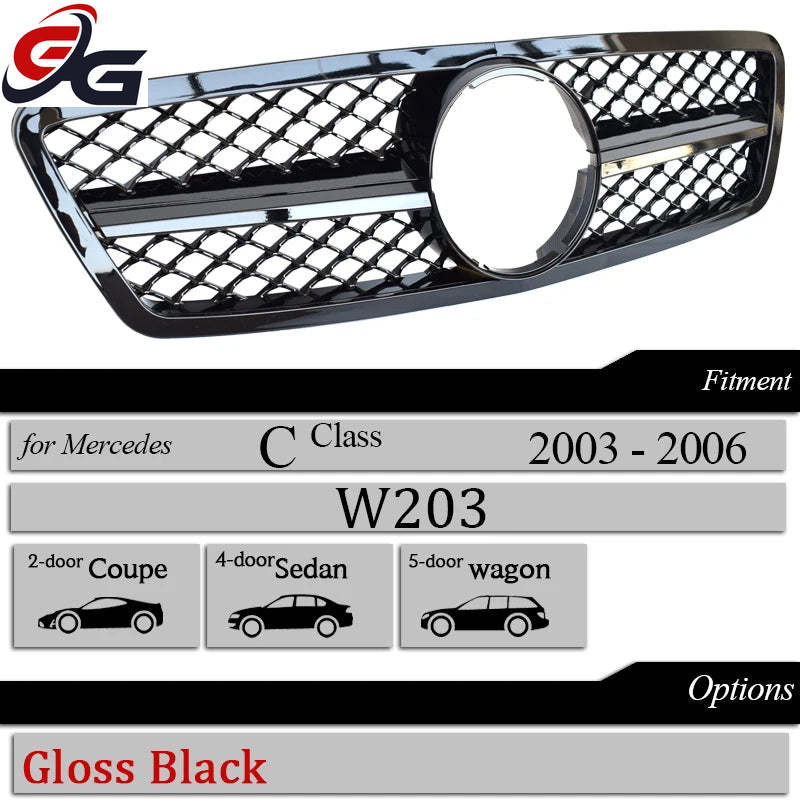 Car Grille Black GT Front Bumper Grill for 2000-2006 Mercedes C Class Saloon W203 Tourer S203 C180 C200 C230 C240 C280 C320 C350