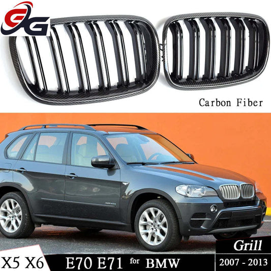 Front Bumper Grill Carbon Fiber Framed Trim Grille Black for BMW 2007-2013 E70 X5 X5M 2008-2014 E71 E72 X6 X6M xDrive30i 35i 50i