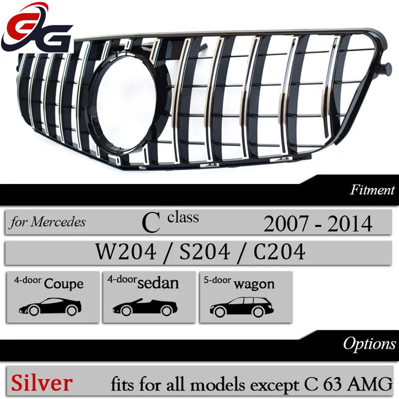 High Quality W204 GT Grille Front Bumper Grill Black Silver Panamericana for Mercedes Benz C-Class 2007-2014 Diamond with Star