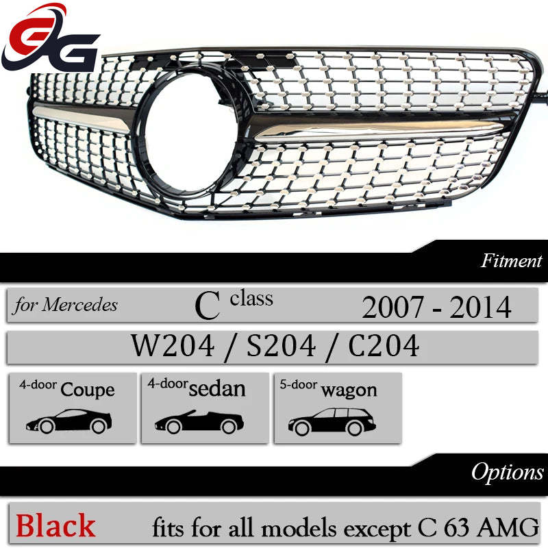 High Quality W204 GT Grille Front Bumper Grill Black Silver Panamericana for Mercedes Benz C-Class 2007-2014 Diamond with Star