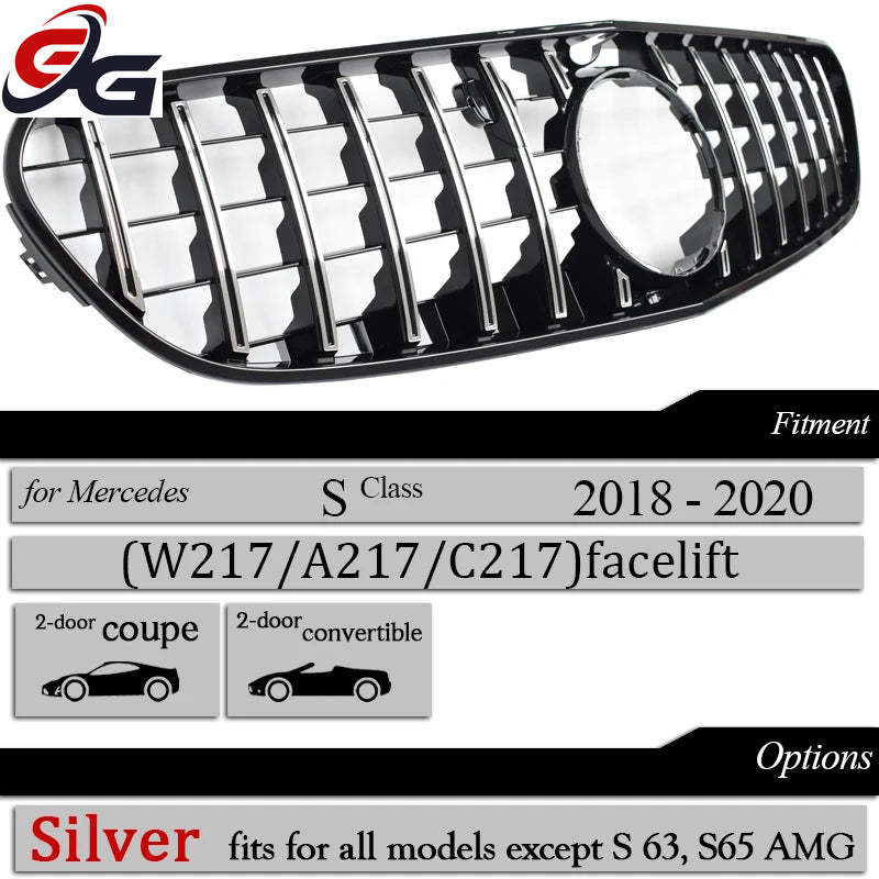 W217 Front Bumper Racing Grille Silver Grill for Mercedes S Class C217 Coupe A217 Cabriolet 2014-2020, Not for S65 AMG S63 AMG