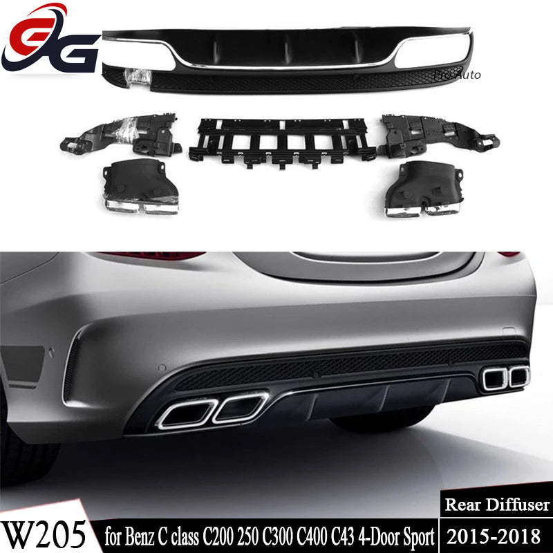 W205 Rear Bumper Diffuser Lip Exhaust for Mercedes Benz C-Class 4-Door Sport C200 C250 C300 C350 C400 C43 Pre-Facelift 2015-2018