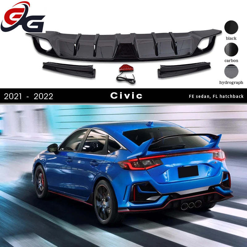 JDM Style Gloss Black & Fake Carbon PP Plastic Front Bumper Lip & Rear Bumper Diffuser for Honda Civic 11th FE Sedan 2021 - ?