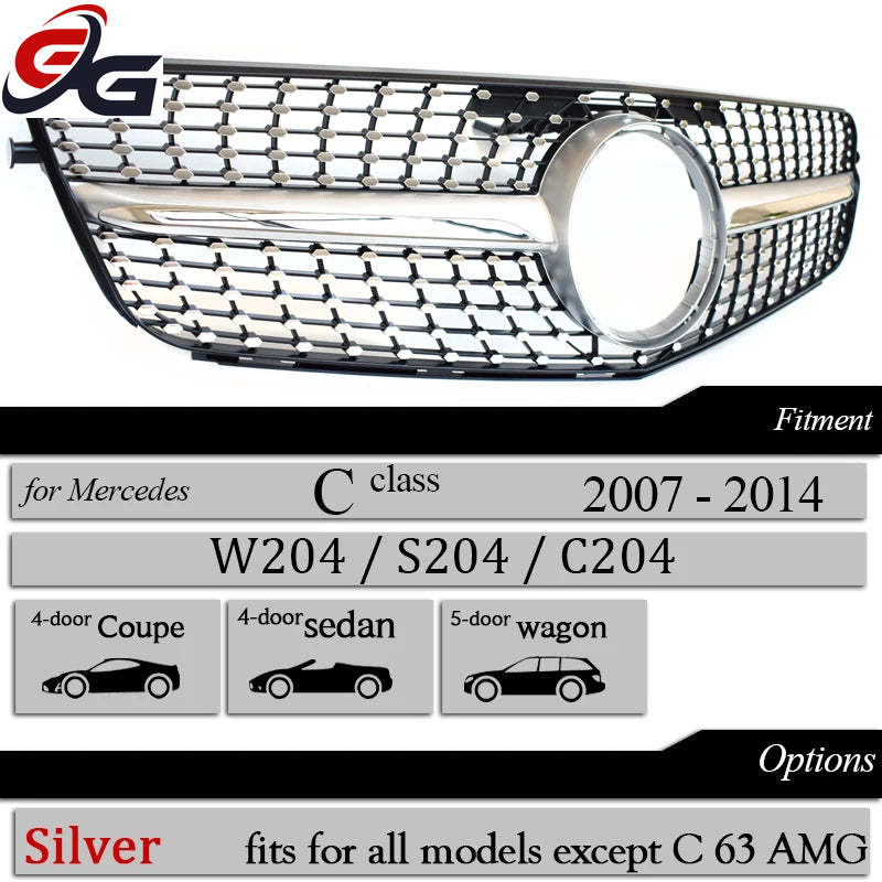 High Quality W204 GT Grille Front Bumper Grill Black Silver Panamericana for Mercedes Benz C-Class 2007-2014 Diamond with Star