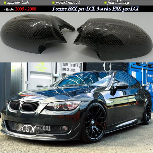 Carbon Fiber Door Mirror Cap Covers for Pre-facelifted (2006 - 2009) E8X 1-series E82 E87 E82 E88 & E9X 3-series E90 E91 E92 E93