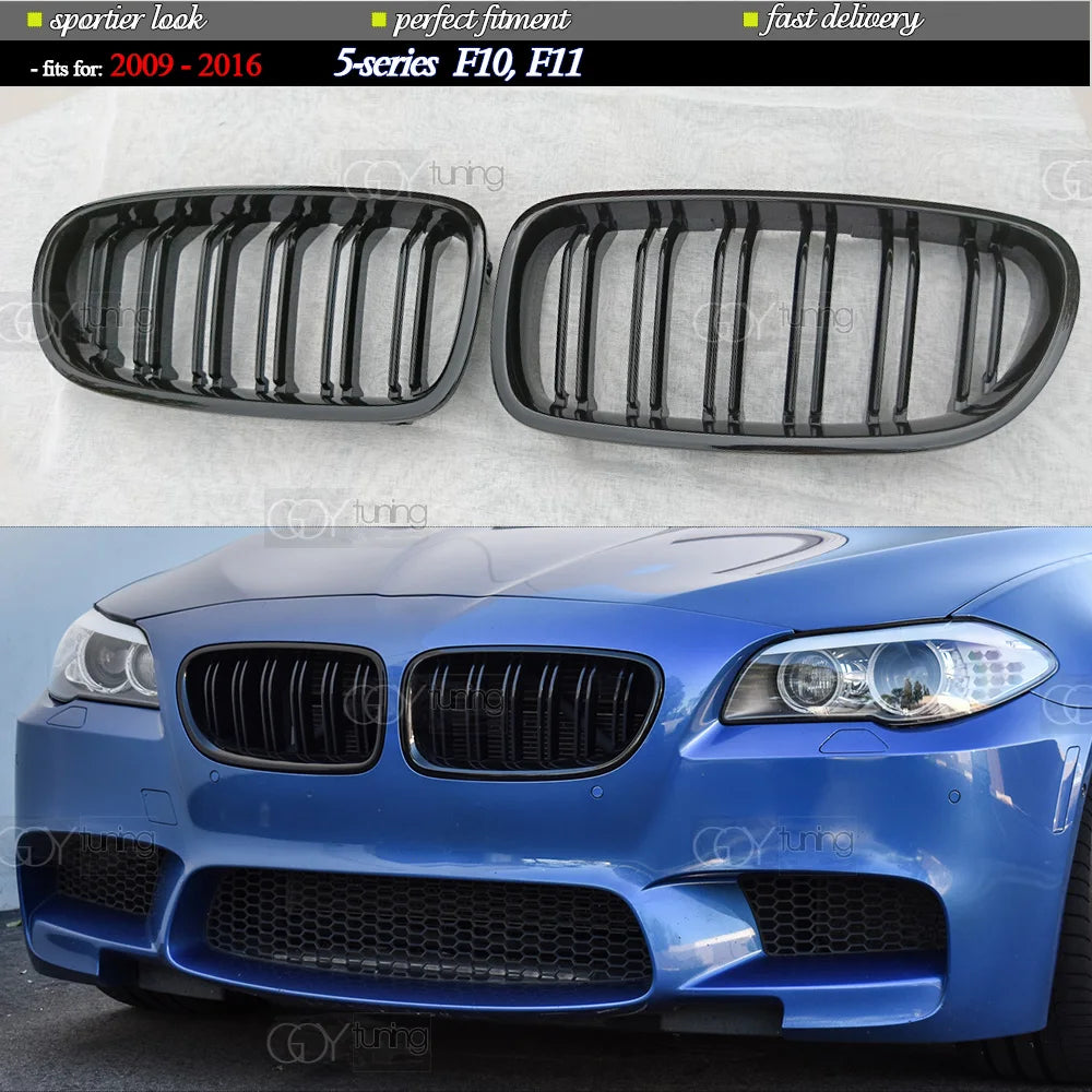 Gloss Black Dual-Slat Front Bumper Kidney Radiator Grille for BMW 2009 - 2016 F10 5 Series Sedan, F11 Estate (Also Fit for M5)