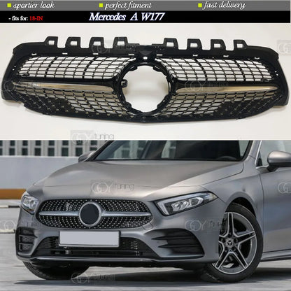 ABS Black Silver Replacement Front Bumper Radiator Diamonds Grille Fit For Mercedes A Class W177 V177 2019 - 2021