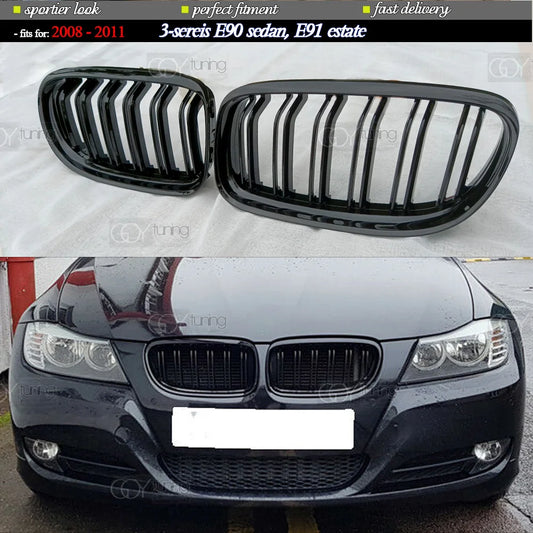 Gloss Black Dual-Slat Front Bumper Kidney Radiator Grille for BMW 2008 - 2011 E90 3 Series Sedan, E91 Estate