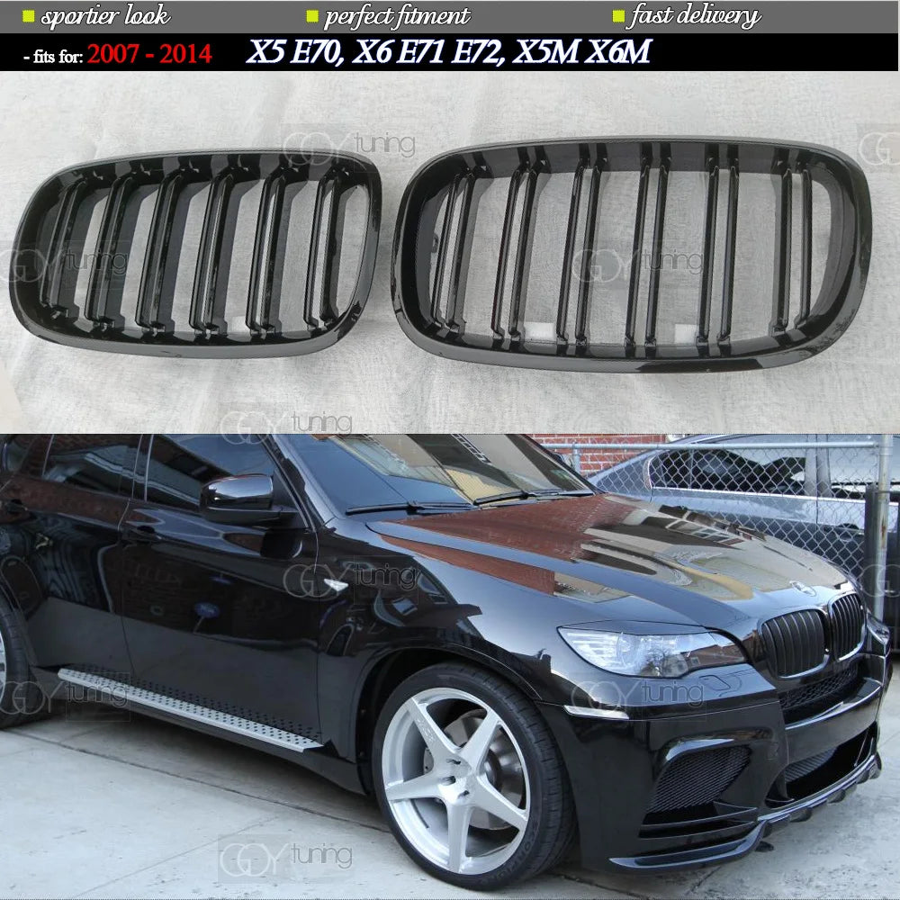 Gloss Black Dual-Slat Front Bumper Kidney Radiator Grille for BMW 2007 - 2014 E70 X5, E71 E72 X6, X5M X6M