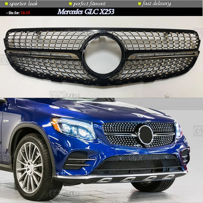 ABS Black Silver Replacement Front Bumper Radiator Diamonds Grille Fit For Mercedes GLC Class X253 C253 W253 2015 - 2018