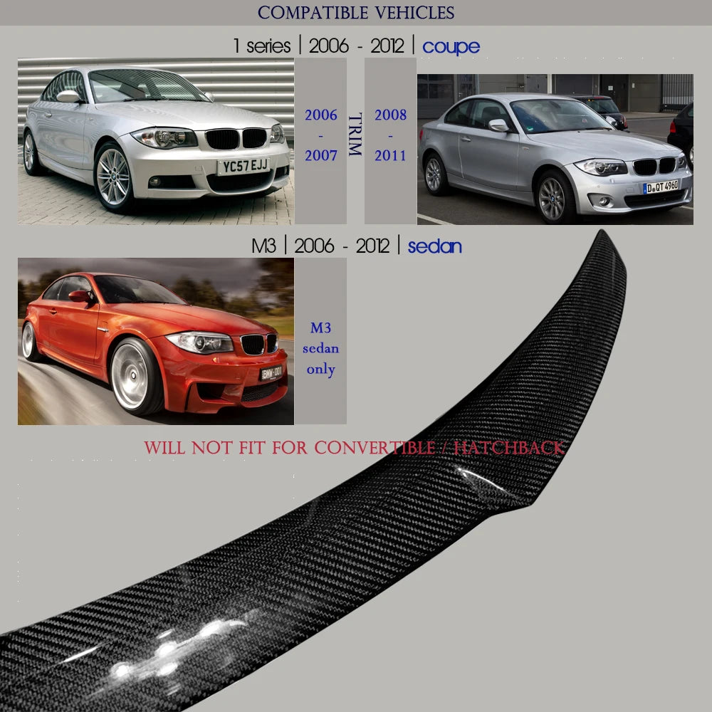 Carbon Fiber Rear Trunk Spoiler Duckbill Wing for BMW 1 Series 2-Door Coupe (E82) & 1M 2006 - 2012, 6-Month Warranty