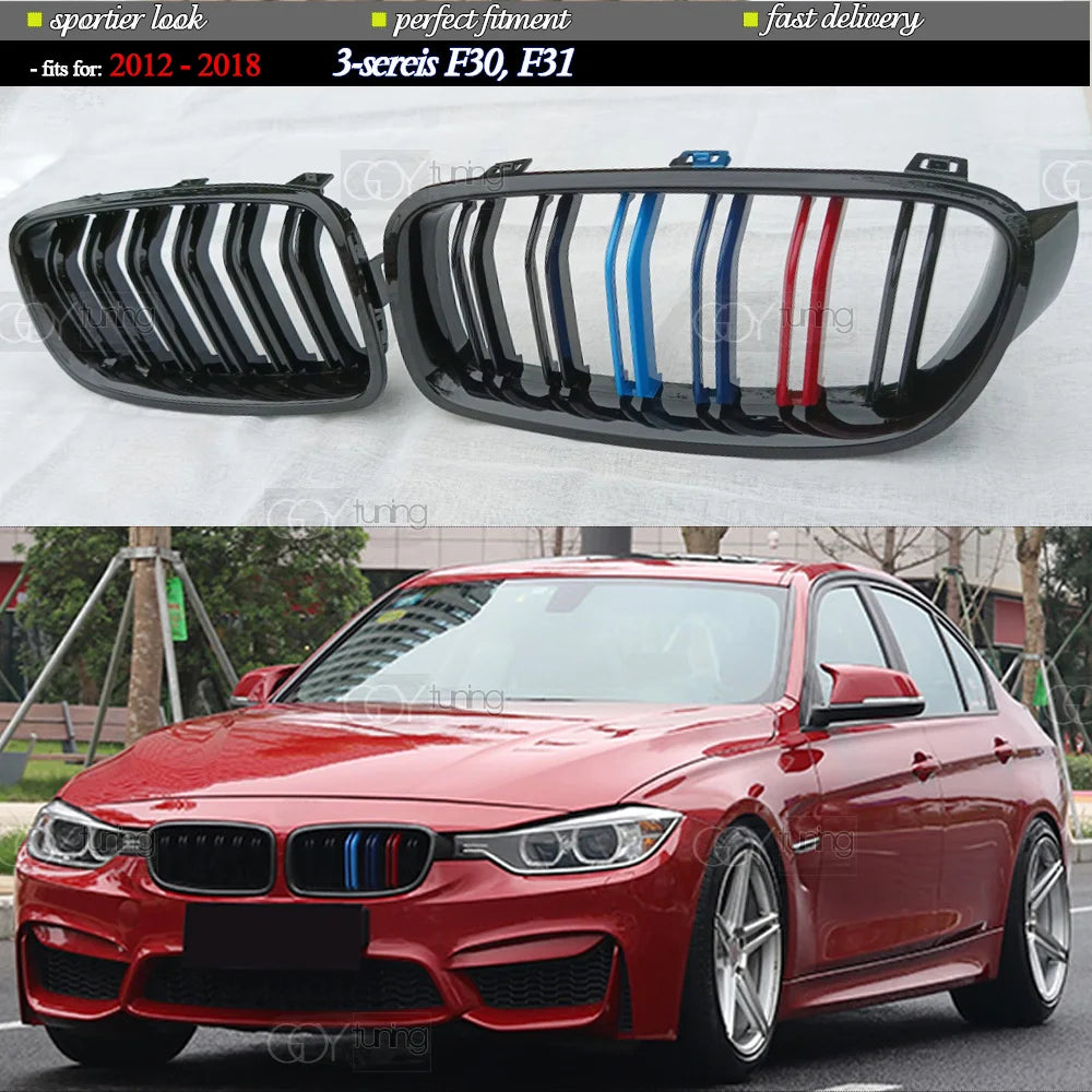 Gloss M Tri-Colour Front Bumper Kidney Radiator Grille for BMW 2012 - 2018 F30 3-series Sedan, F31 Estate (Not Fit for M3)