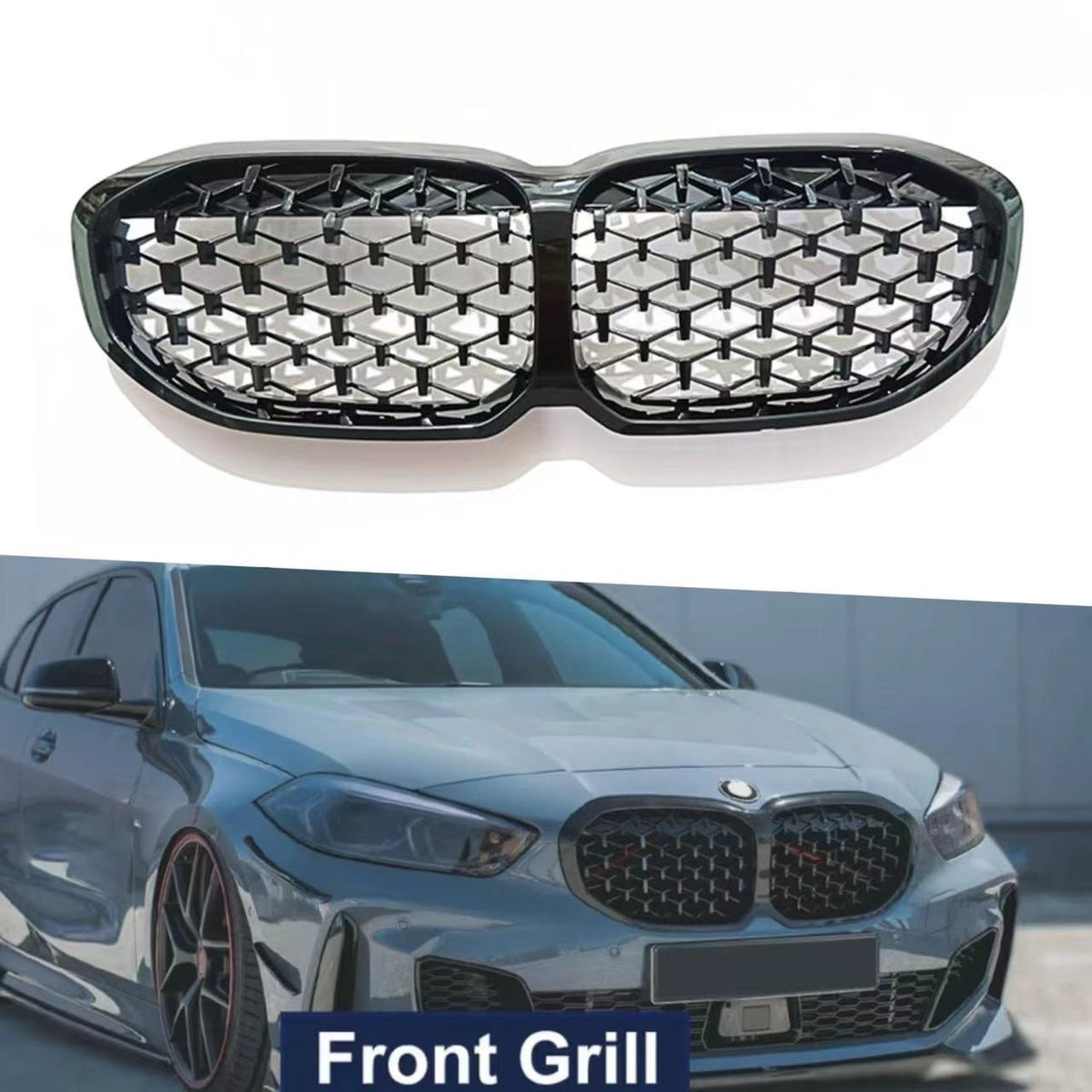 F40 Front Bumper Grill, Gloss Black Diamonds Radiator Grille for BMW 1 Series F40 Hatchback (2020 - 2024) (without LED)