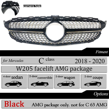 Front Bumper Grill Diamond for Mercedes C Class W205 S205 A205 C205 2015-2020 C200 C250 C300 C350 C400 C450 C43 AMG Black Silver