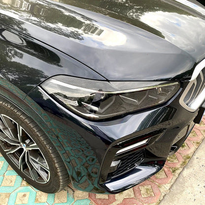 Glossy Black Eyelids Front Headlight Eyebrows Cover Sticker Trim for BMW X5 G05 X6 G06 2019+ Carbon Fiber Exterior Accessories