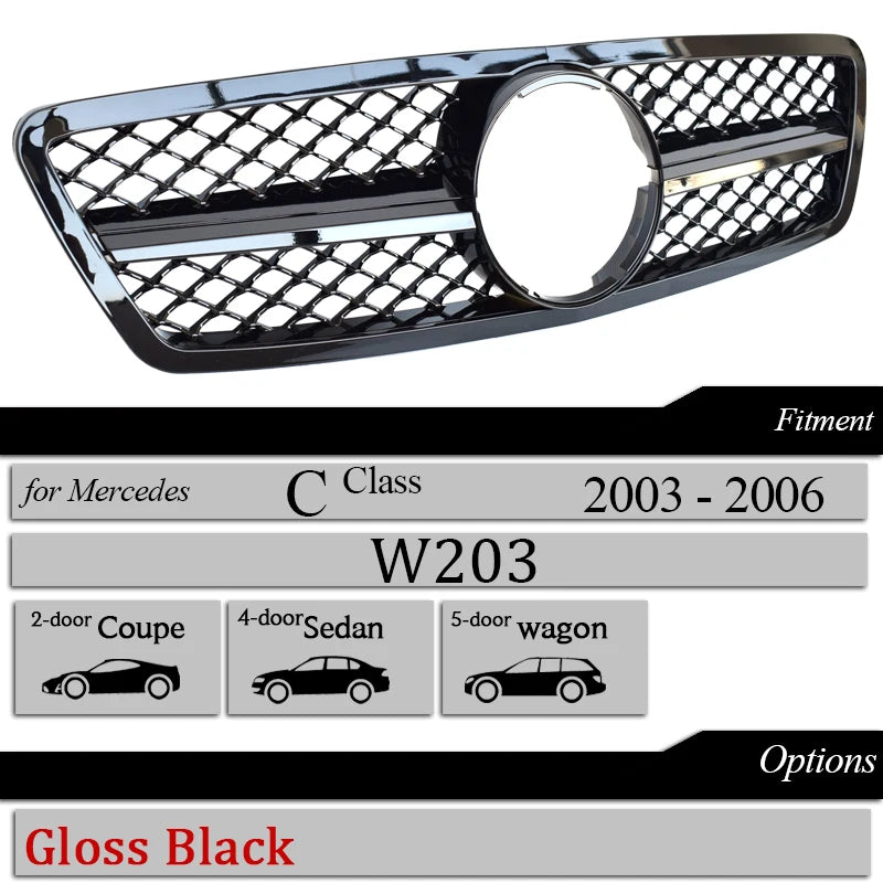 Car Grille Black GT Front Bumper Grill for 2000-2006 Mercedes C Class Saloon W203 Tourer S203 C180 C200 C230 C240 C280 C320 C350