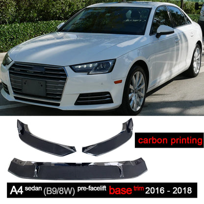 Carbon Fiber Printing Black Front Bumper Lip Spoiler 3PC for Audi A4 B9 8W2 Pre-facelifted S Line & Base Models 2016 - 2018