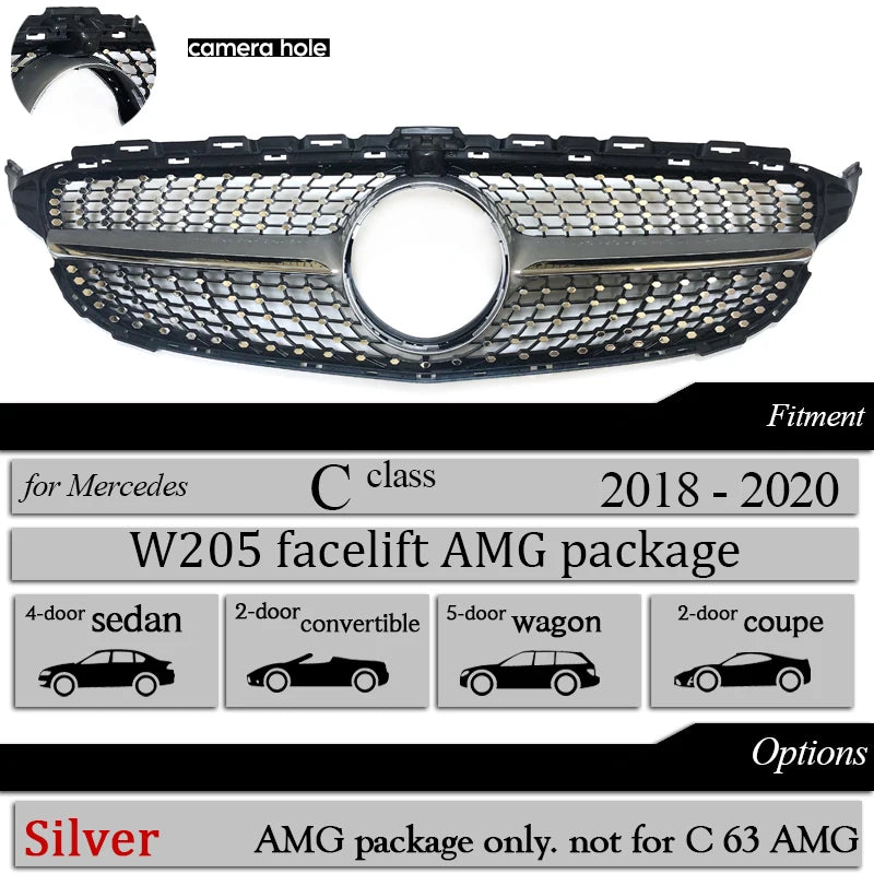 Front Bumper Grill Diamond for Mercedes C Class W205 S205 A205 C205 2015-2020 C200 C250 C300 C350 C400 C450 C43 AMG Black Silver