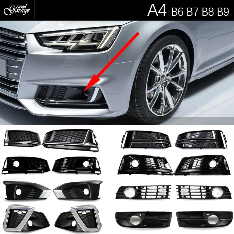 1 Pair Replacemennt Front Bumper Black Fog Light Case for Audi A4 S4 B6 8E B7 B8 8K B8.5 B9 8W B9.5 Fog Light Grille Fog Frame