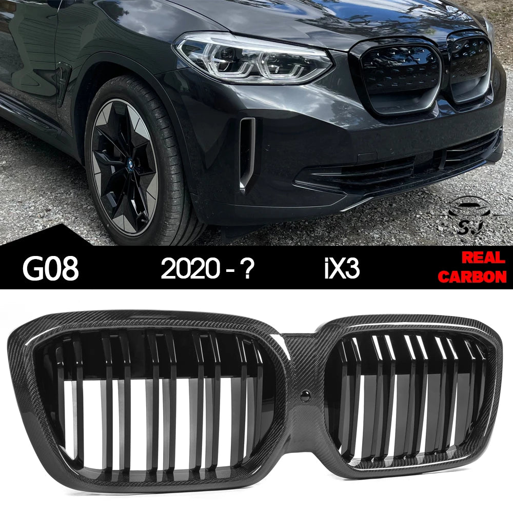 3*3 3K High Gloss Carbon Fiber Replacemnt Front Bumper Kidney Grille Hood Grill X3M 2-Slat Type for BMW iX3 G08 2020+ (iX3 Only)