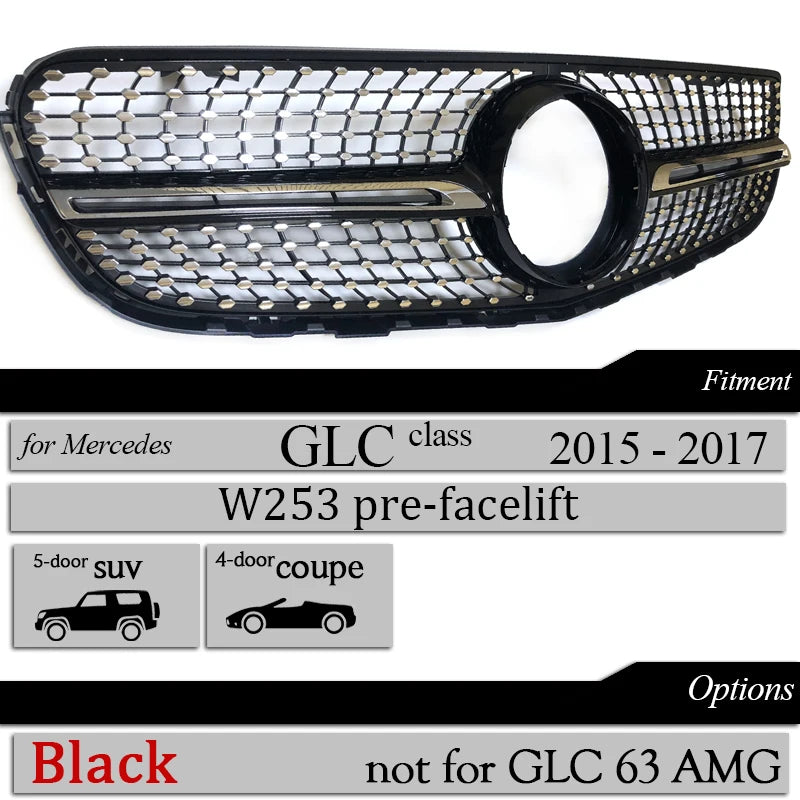 Suitable For Mercedes Benz GLC Class W253 X253 2015-2017 GT Grill Diamond Car Front Racing Center Grilles Upper Bumper Grille