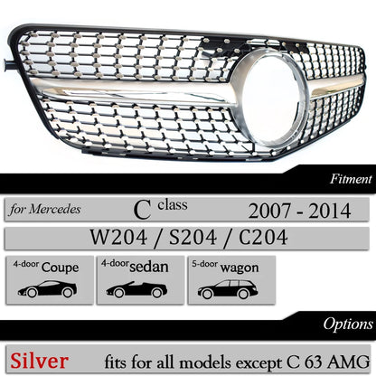 High Quality W204 GT Grille Front Bumper Grill Black Silver Panamericana for Mercedes Benz C-Class 2007-2014 Diamond with Star