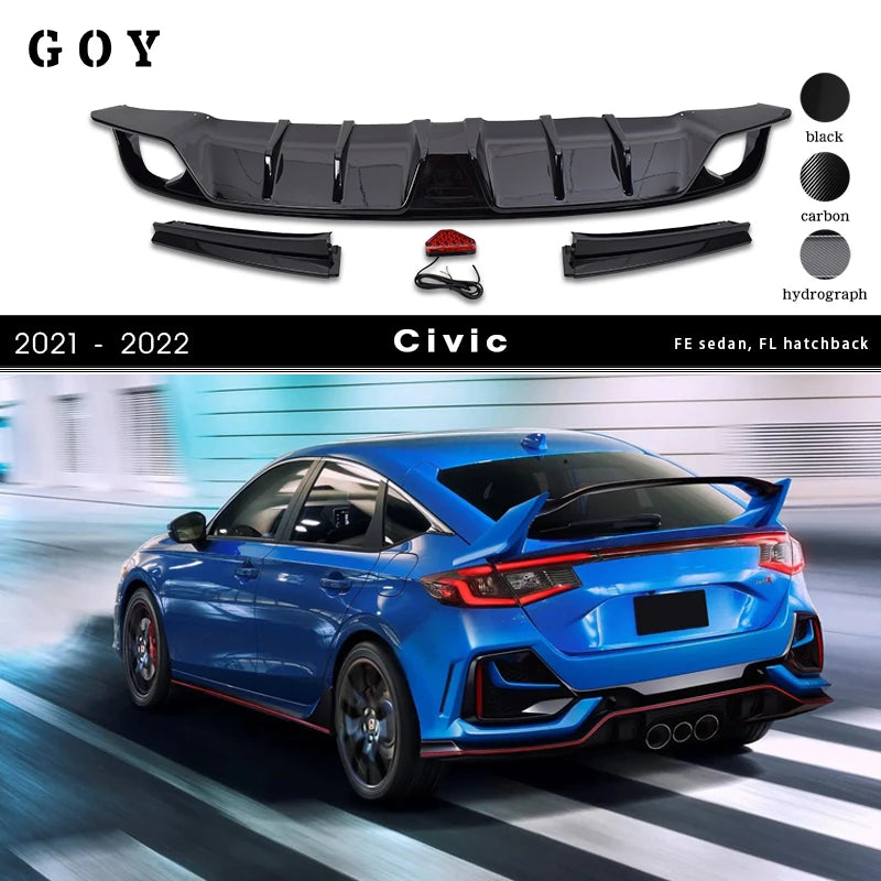 JDM Style Gloss Black & Fake Carbon PP Plastic Front Bumper Lip & Rear Bumper Diffuser for Honda Civic 11th FE Sedan 2021 - ?