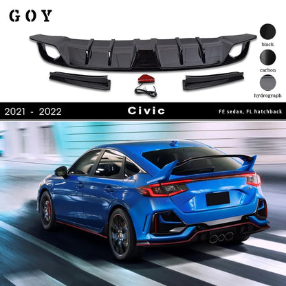 JDM Style Gloss Black & Fake Carbon PP Plastic Front Bumper Lip & Rear Bumper Diffuser for Honda Civic 11th FE Sedan 2021 - ?