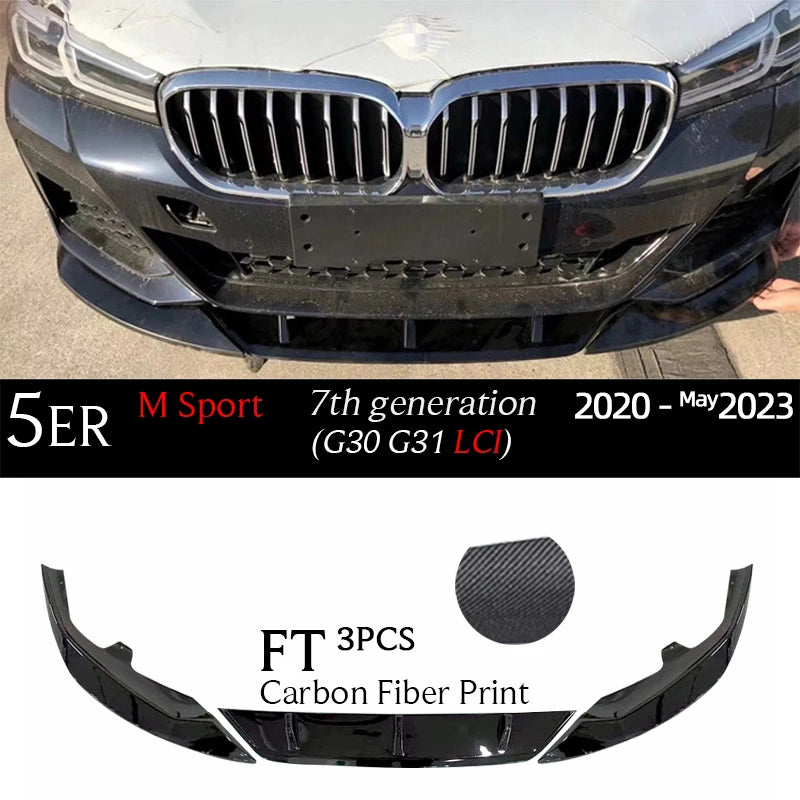 G30 Carbon Fiber Print Front Bumper Lip Gloss Black Chin Spoiler for BMW 5 Series G30 M Sport 2017 - May 2023 G31 520i 530i 530e