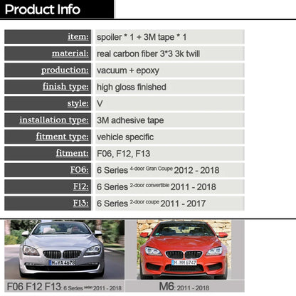 3*3 3K Carbon Fiber V Shape Rear Trunk Spoiler for BMW 6 Series 2-Door F13 Coupe F12 Convertible F06 Gran Coupe 640i 650i M6