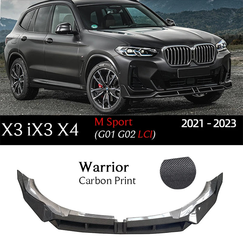 G08 LCI Gloss Black Carbon Printing Front Bumper Lip Spoiler for 2021 - 2023 BMW Facelifted X3 G01 iX3 X4 G02 sDrive 20i 20d 30e