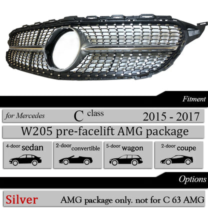 Front Bumper Grill Diamond for Mercedes C Class W205 S205 A205 C205 2015-2020 C200 C250 C300 C350 C400 C450 C43 AMG Black Silver