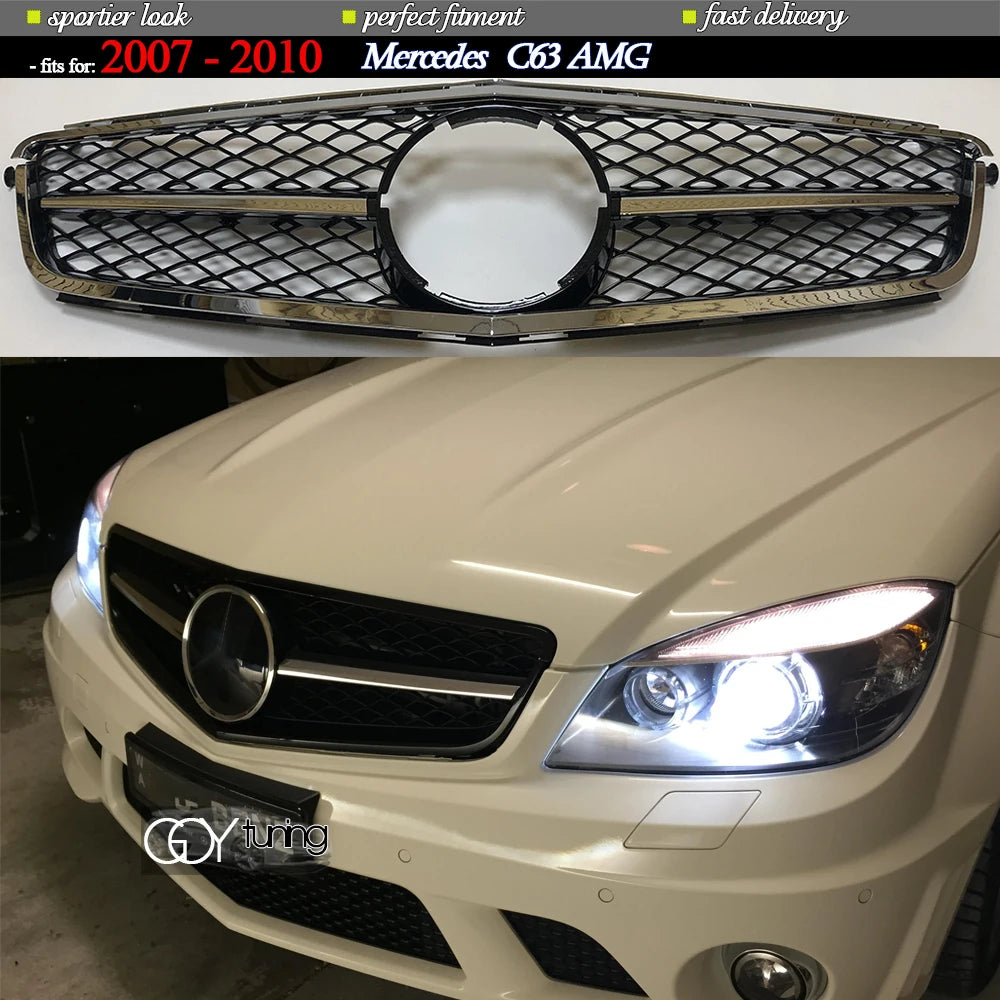 ABS Black Silver Replacement Front Bumper Radiator GTR Grille Fit For Mercedes W204 C63 AMG Only 2007 - 2010