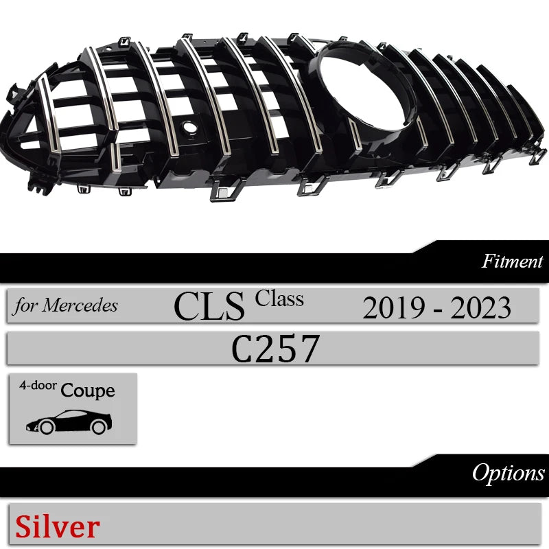 C257 GT Style Black Silver Grill Front Bumper Grille for Mercedes CLS Class 2018-2023 4-Door Coupe W257 CLS350 CLS53 AMG Grills