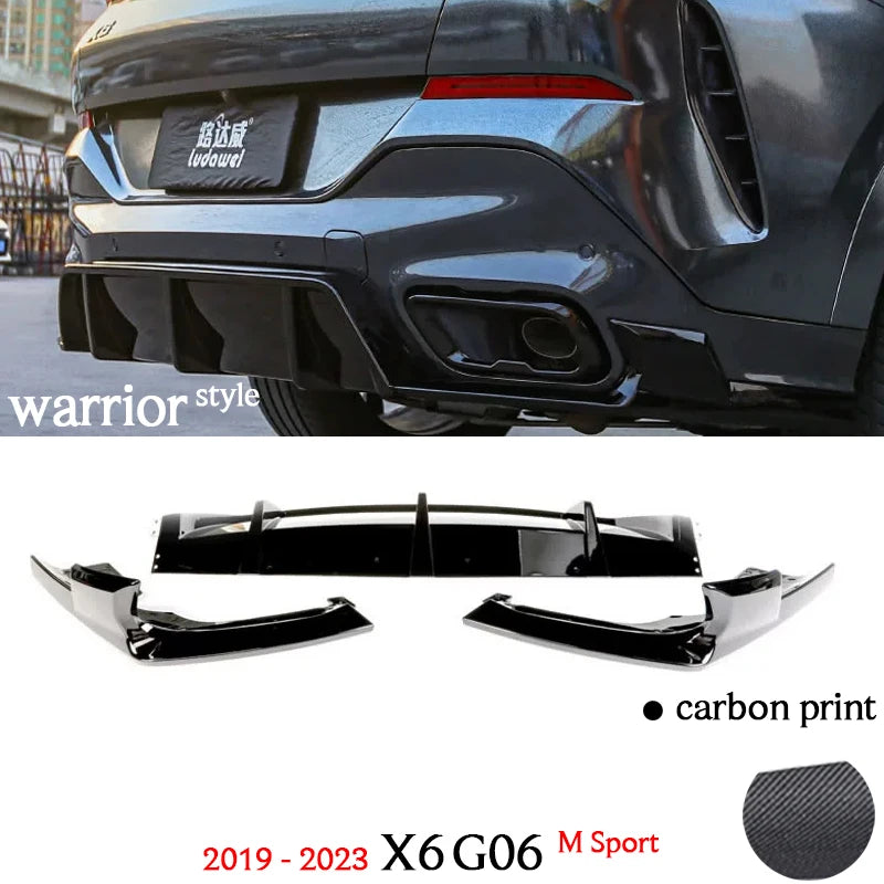 Carbon Fiber Print Gloss Black Front Bumper Lip Splitters & Rear Diffuser Spoiler for BMW X6 G06 M Sport xDrive 30d 40d 40i M50