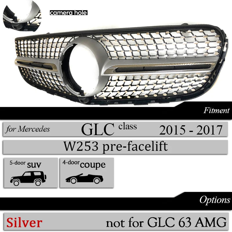 Suitable For Mercedes Benz GLC Class W253 X253 2015-2017 GT Grill Diamond Car Front Racing Center Grilles Upper Bumper Grille