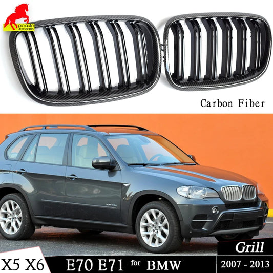 Front Bumper Grill Carbon Fiber Framed Trim Grille Black for BMW 2007-2013 E70 X5 X5M 2008-2014 E71 E72 X6 X6M xDrive30i 35i 50i