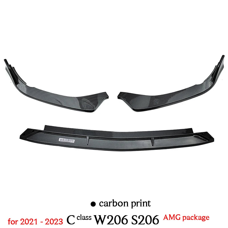 Carbon Fiber Print & Gloss Black Front Bumper Spoiler Splitter Lips 3PCS for Mercedes C Class W206 S206 AMG Package 2021 - 2023