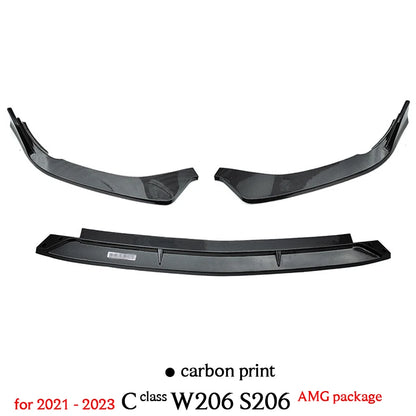 Carbon Fiber Print & Gloss Black Front Bumper Spoiler Splitter Lips 3PCS for Mercedes C Class W206 S206 AMG Package 2021 - 2023