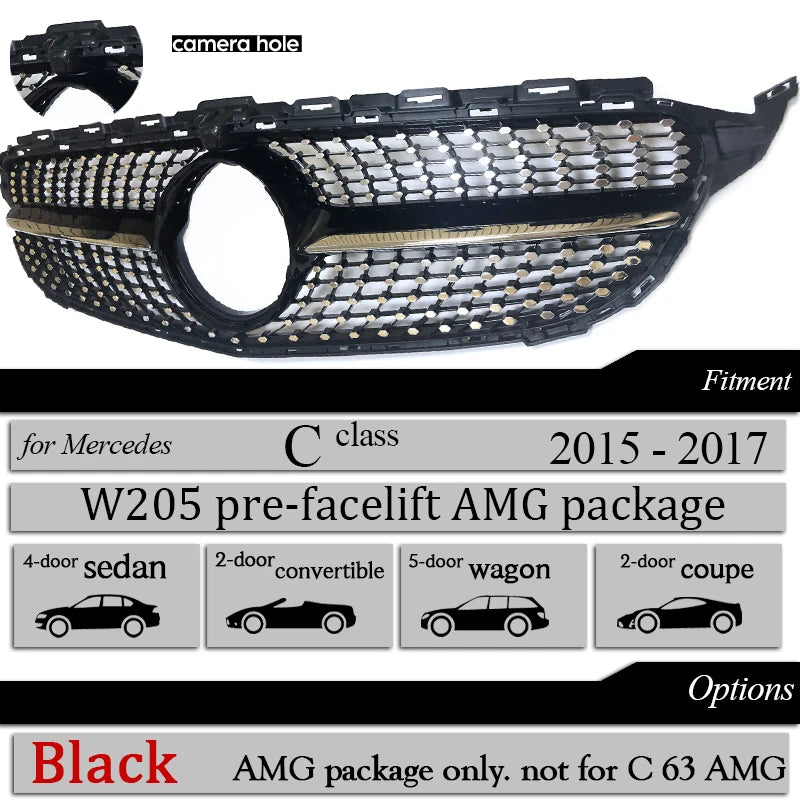 Front Bumper Grill Diamond for Mercedes C Class W205 S205 A205 C205 2015-2020 C200 C250 C300 C350 C400 C450 C43 AMG Black Silver