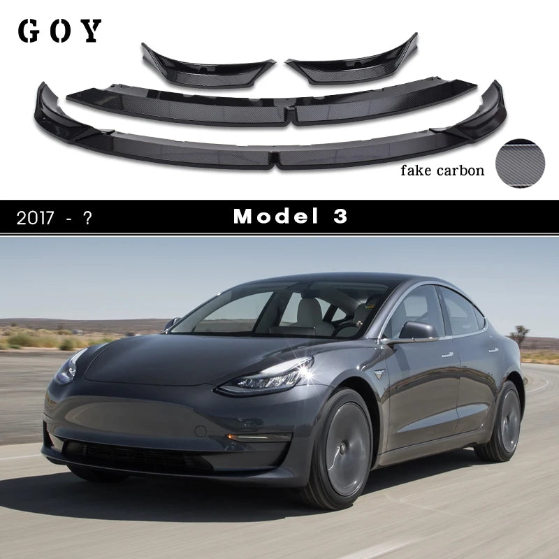 Carbon Fiber Printing PP Plastic Front Bumper Lip Spoiler for 2017+ Tesla Model 3 5YJ3