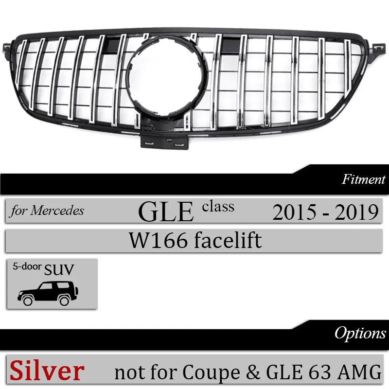 Front Bumper GT Grille Black Silver Grill Replacement for Mercedes GLE Class 2015 - 2018 SUV W166 GLE 350 GLE 400 GLE 43 Grills