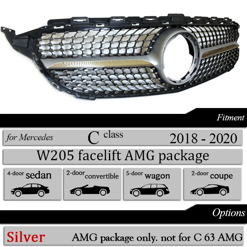 Front Bumper Grill Diamond for Mercedes C Class W205 S205 A205 C205 2015-2020 C200 C250 C300 C350 C400 C450 C43 AMG Black Silver