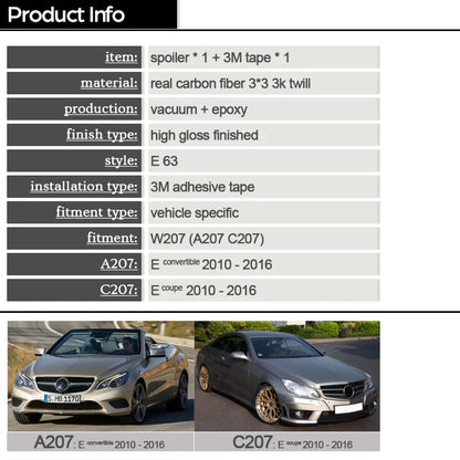 Real Carbon Fiber Trunk Spoiler for Mercedes E Class A207 C207 W207 2-Door Coupe 2010 - 2016 E200 E220 E250 E300 E350 E400 E500